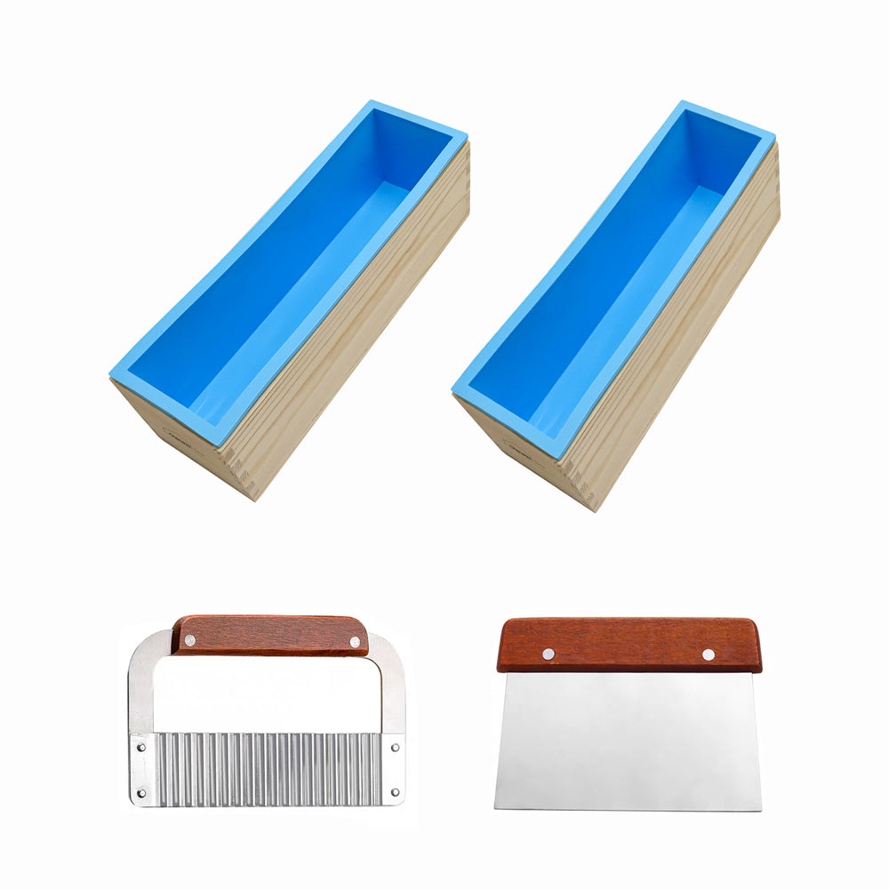 Chenshia 2-Piece Rectangular Silicone & Wood Soap Making Moulds&Soap Cutter - Blue