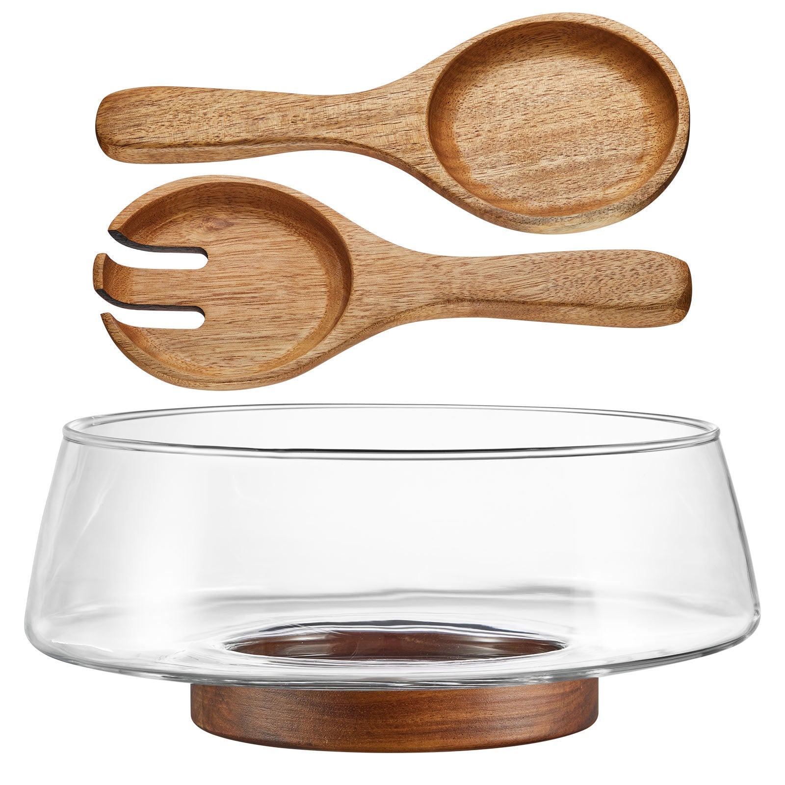 Glass Salad Bowl Set with Acacia Wooden Base & Utensils