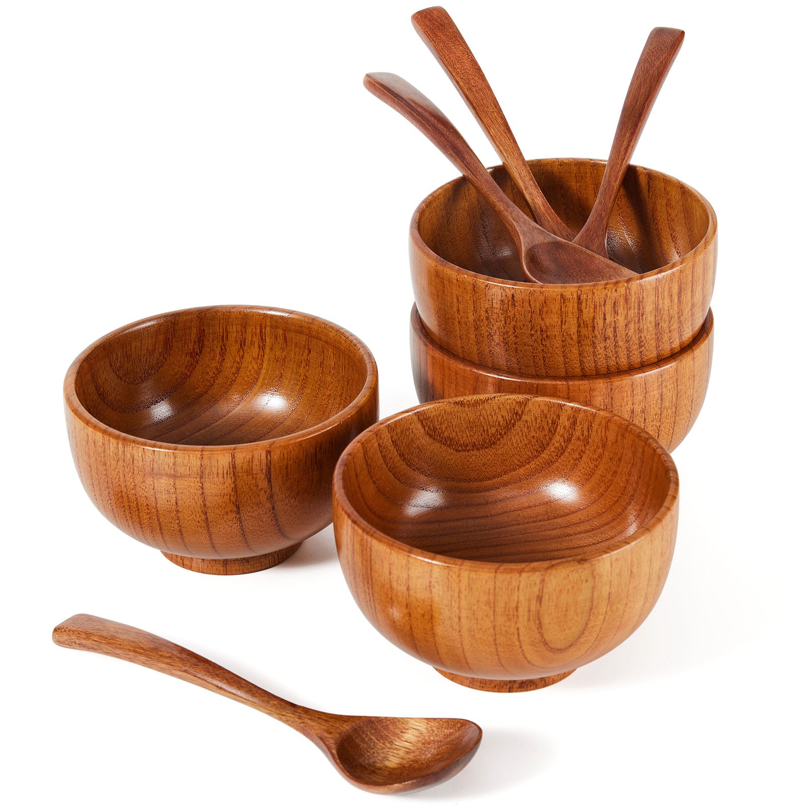 Handcrafted Wooden Bowl & Spoon Set - 4 Bowls & 4 Spoons