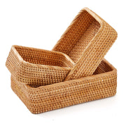 Rattan Storage Baskets 3Pc Handwoven Rectangular Nesting Wicker Trays