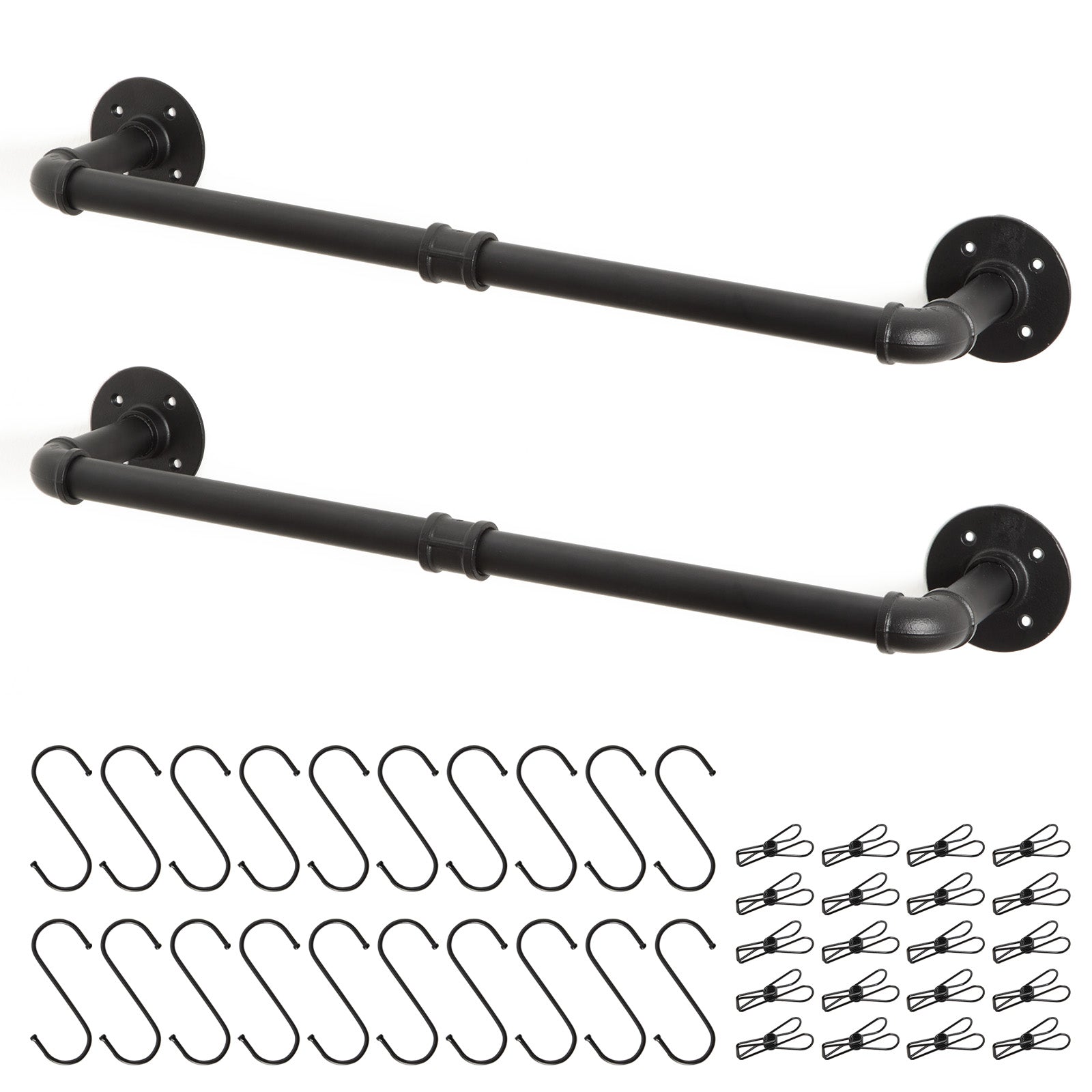 Wall Mounted Clothes Rail Industrial Black Iron Garment Rack - 2Pack