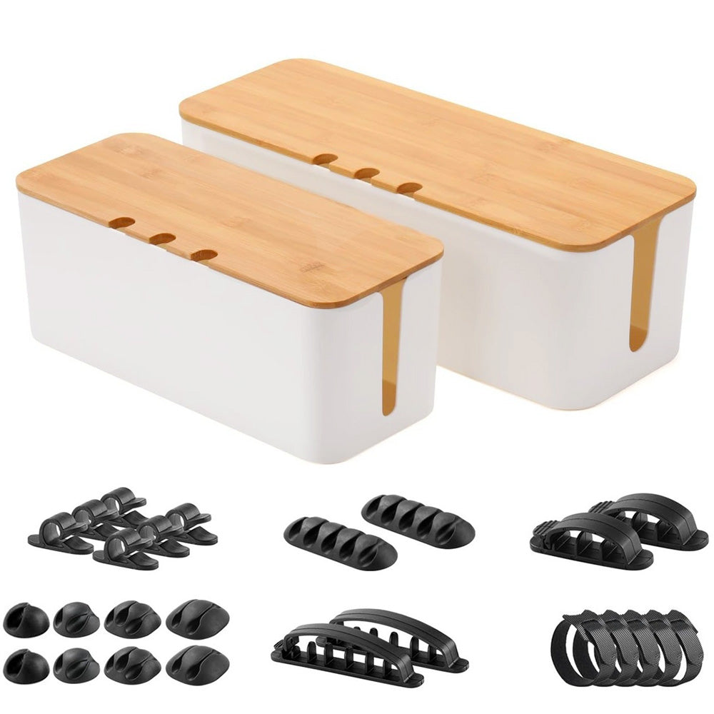 Airtight Cable Storage Box Set of 2 with Bamboo Lids | White