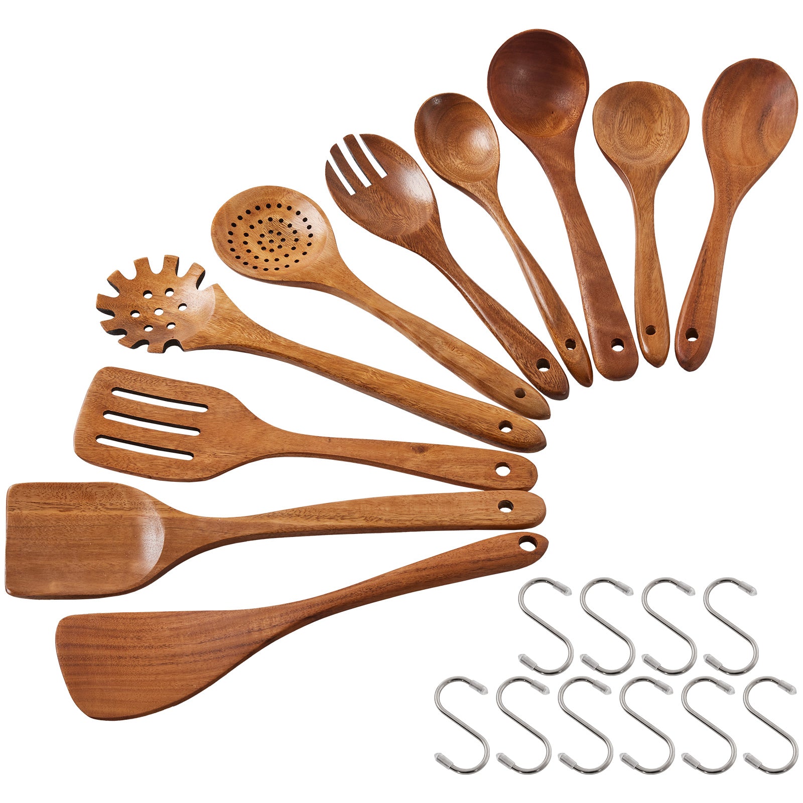 Acacia Wooden Utensils Set with 10 Hooks - 10Pc