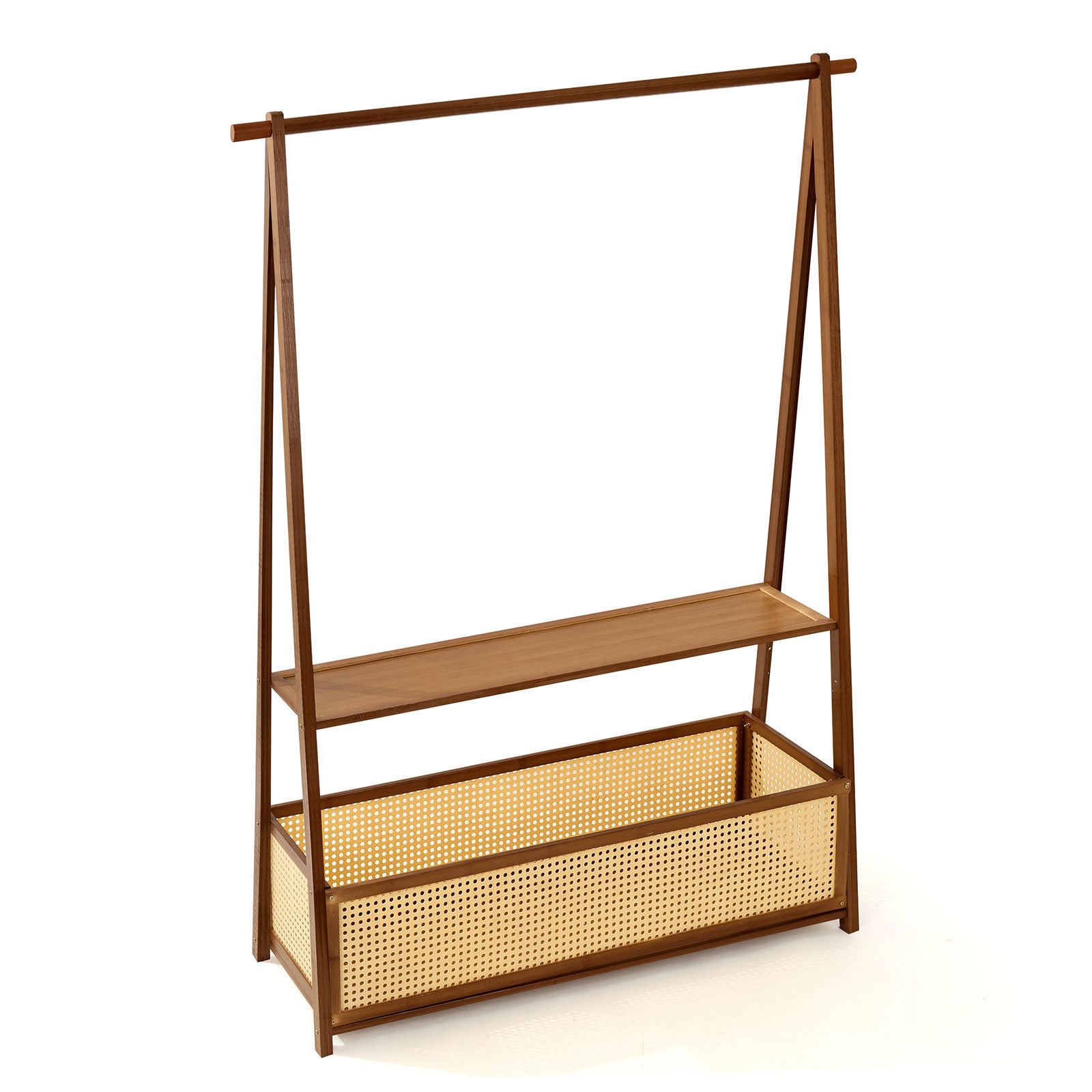 Bamboo Clothing Rack with Rattan Basket & Wheels