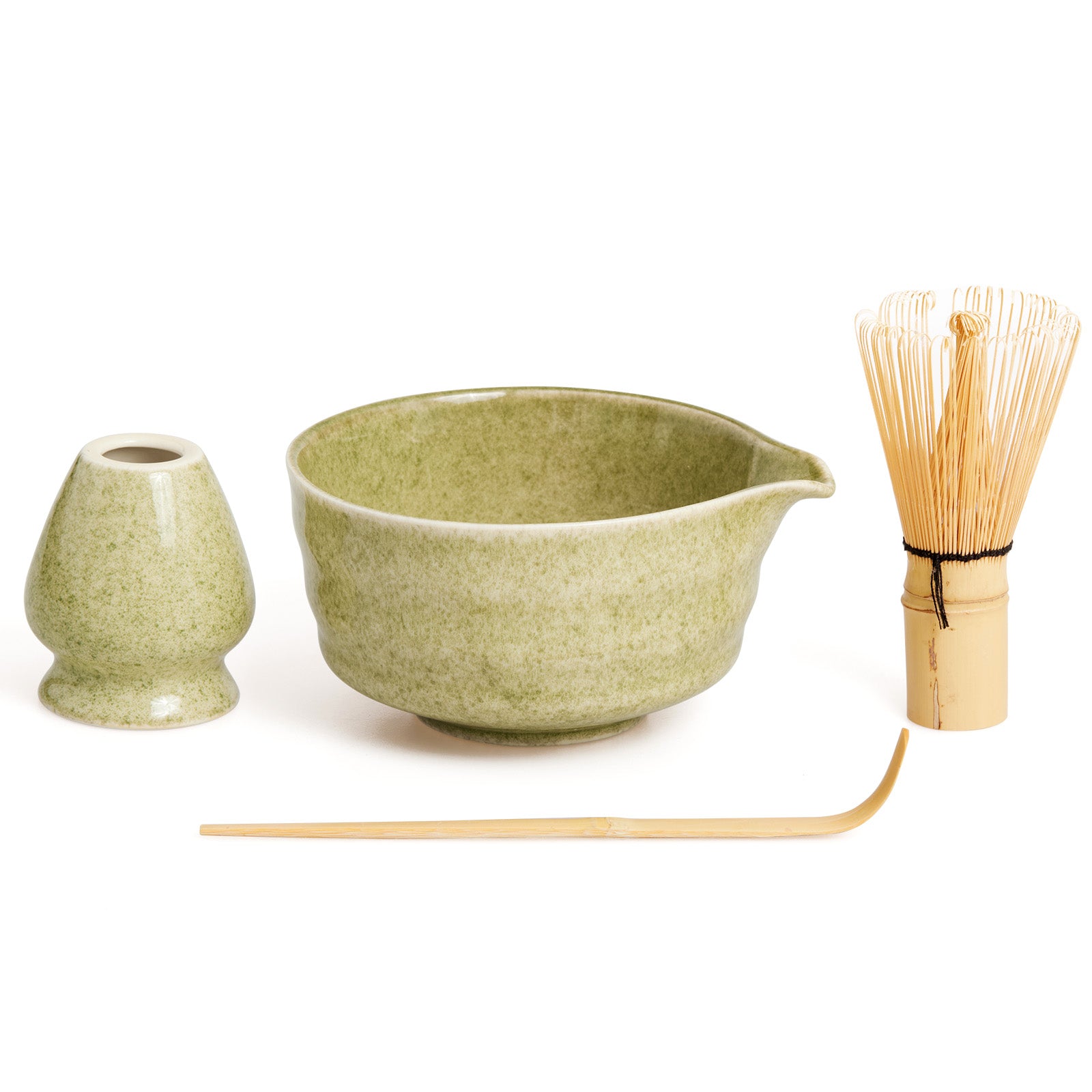 Japanese Matcha Gift Set - 4Pc Ceramic Bowl, Bamboo Whisk & Stand Spout