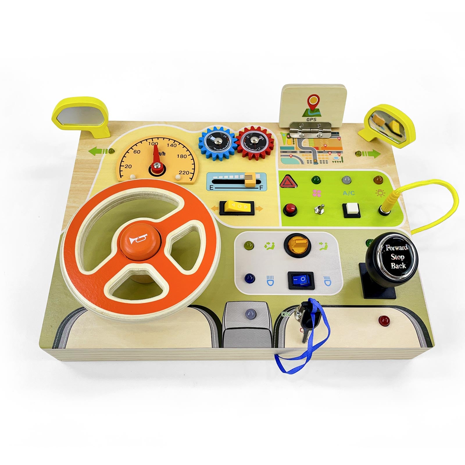 Wooden Car Steering Wheel Busy Board Electronic LED Sensory Travel Toy